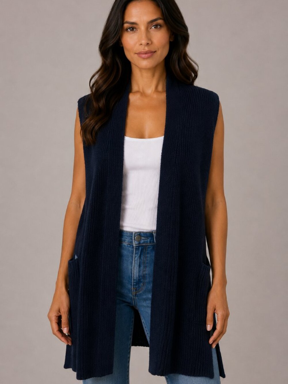LOFT Outlet Long Open Front Sweater Vest S Navy Blue Sleeveless Pockets